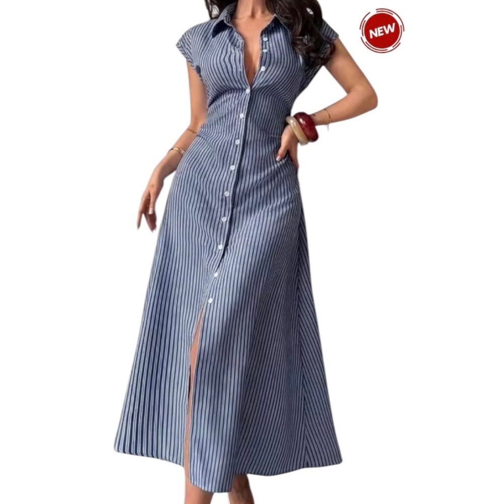 Shein Striped Lace Up Back Button Down Shirt Dress Navy Blue White Medium | 0352